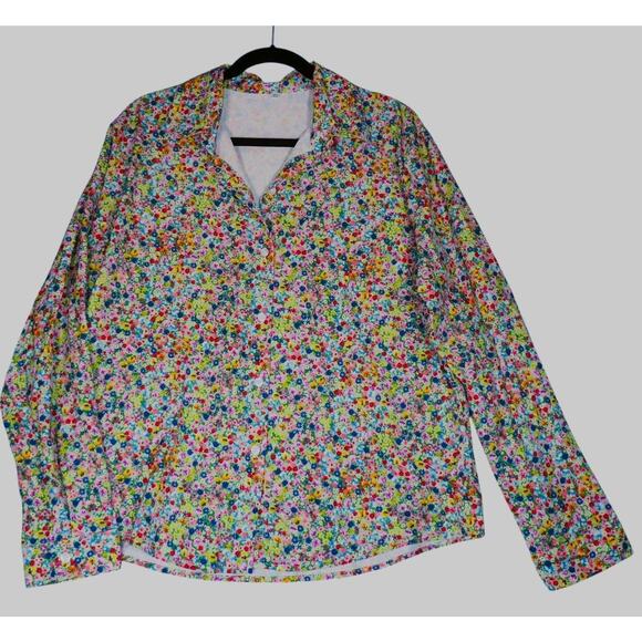 Floral Button Down Shirt Womens 2XL Colorful Long Sleeve Collared Blouse Light - Picture 2 of 12